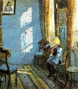 Anna Ancher solskin i den bla stue, helga ancher hakler ibedstemoderens stue oil painting reproduction